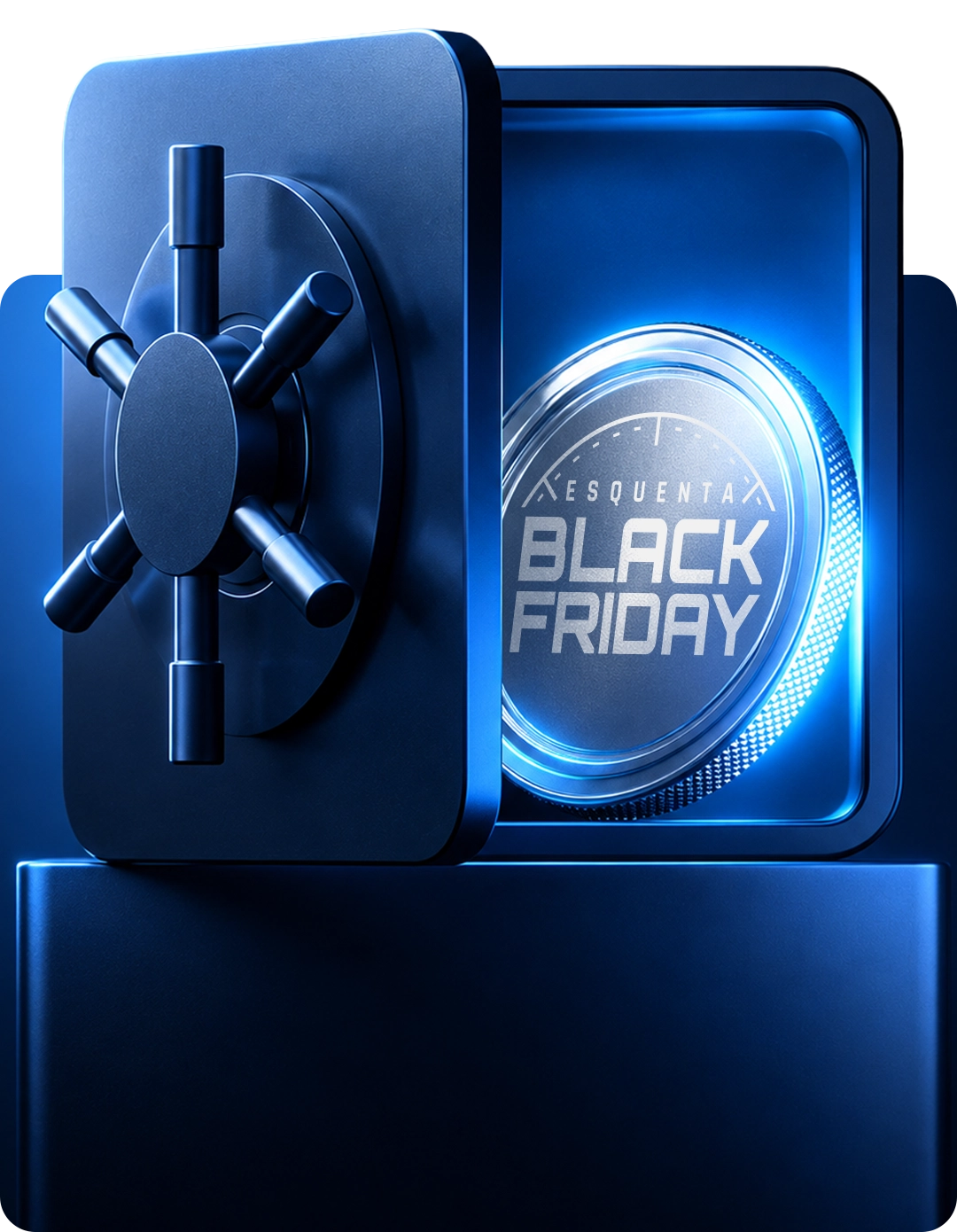 Cofre azul aberto com moeda Esquenta Black Friday